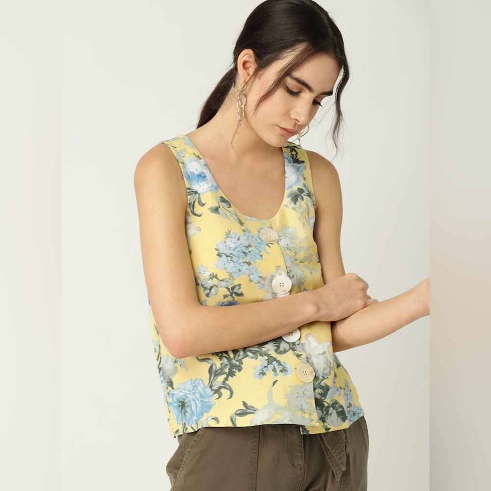 MANGO MNG Floral Button Up Sleeveless Blue Yellow Blouse Size Small